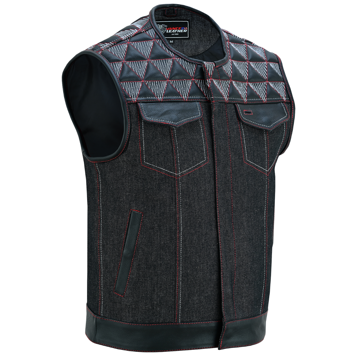 Vance Leather Men's Denim & Leather Motorcycle Vest - Red & White Stitching, Conceal Carry Pockets