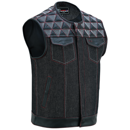 Vance Leather Men's Denim & Leather Motorcycle Vest - Red & White Stitching, Conceal Carry Pockets