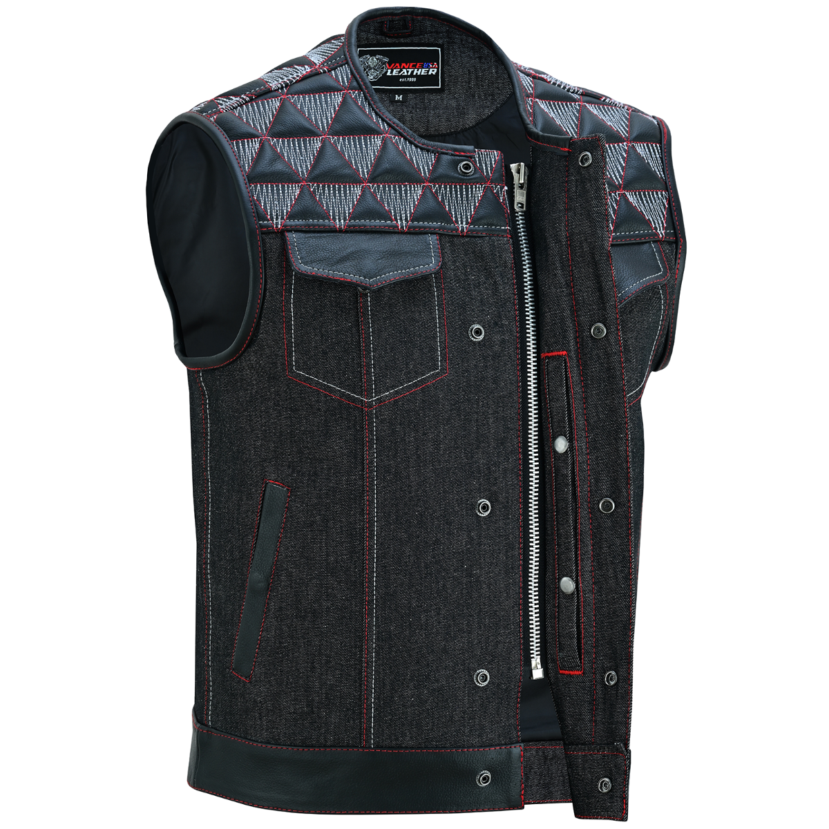 Vance Leather Men's Denim & Leather Motorcycle Vest - Red & White Stitching, Conceal Carry Pockets
