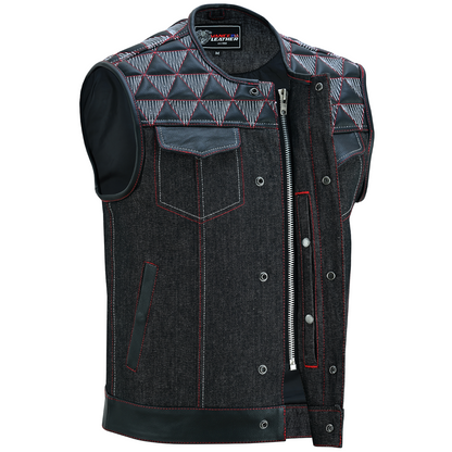 Vance Leather Men's Denim & Leather Motorcycle Vest - Red & White Stitching, Conceal Carry Pockets