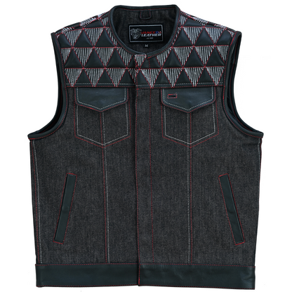 Vance Leather Men's Denim & Leather Motorcycle Vest - Red & White Stitching, Conceal Carry Pockets