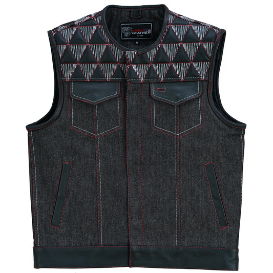 Vance Leather Men's Denim & Leather Motorcycle Vest - Red & White Stitching, Conceal Carry Pockets