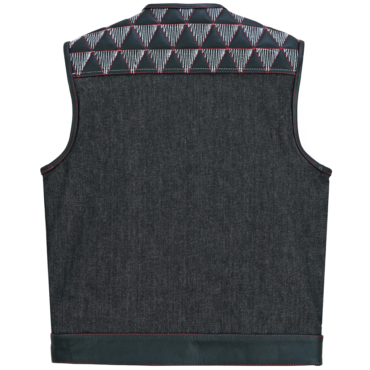 Vance Leather Men's Denim & Leather Motorcycle Vest - Red & White Stitching, Conceal Carry Pockets