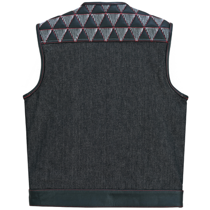Vance Leather Men's Denim & Leather Motorcycle Vest - Red & White Stitching, Conceal Carry Pockets