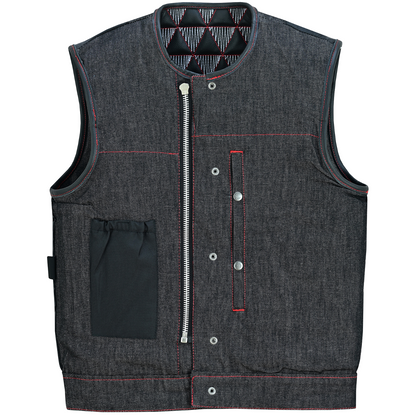 Vance Leather Men's Denim & Leather Motorcycle Vest - Red & White Stitching, Conceal Carry Pockets