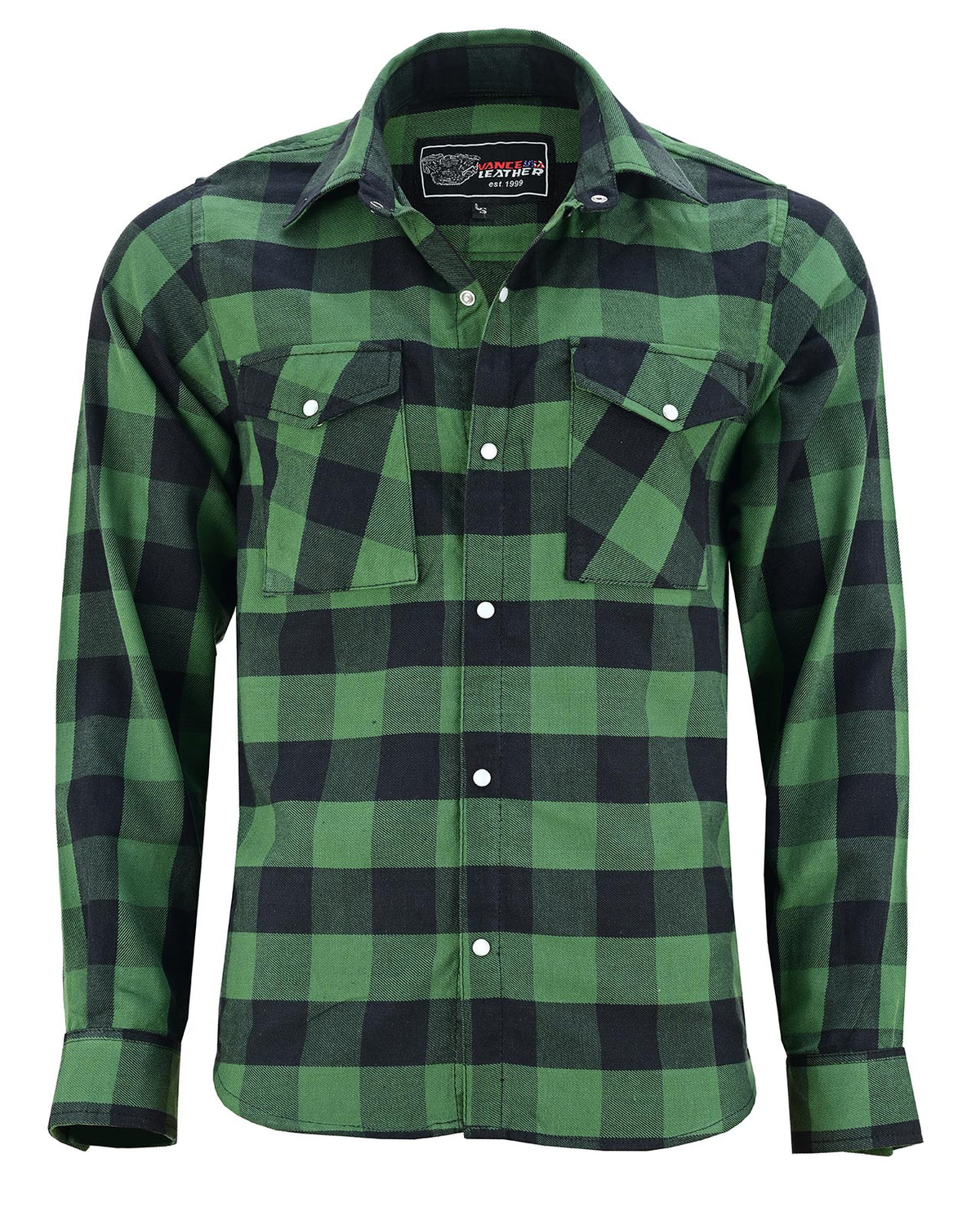 Vance VB740GnB Green Men's Long Sleeve Plaid Snap Down Casual Flannel Shirt, 100% Cotton