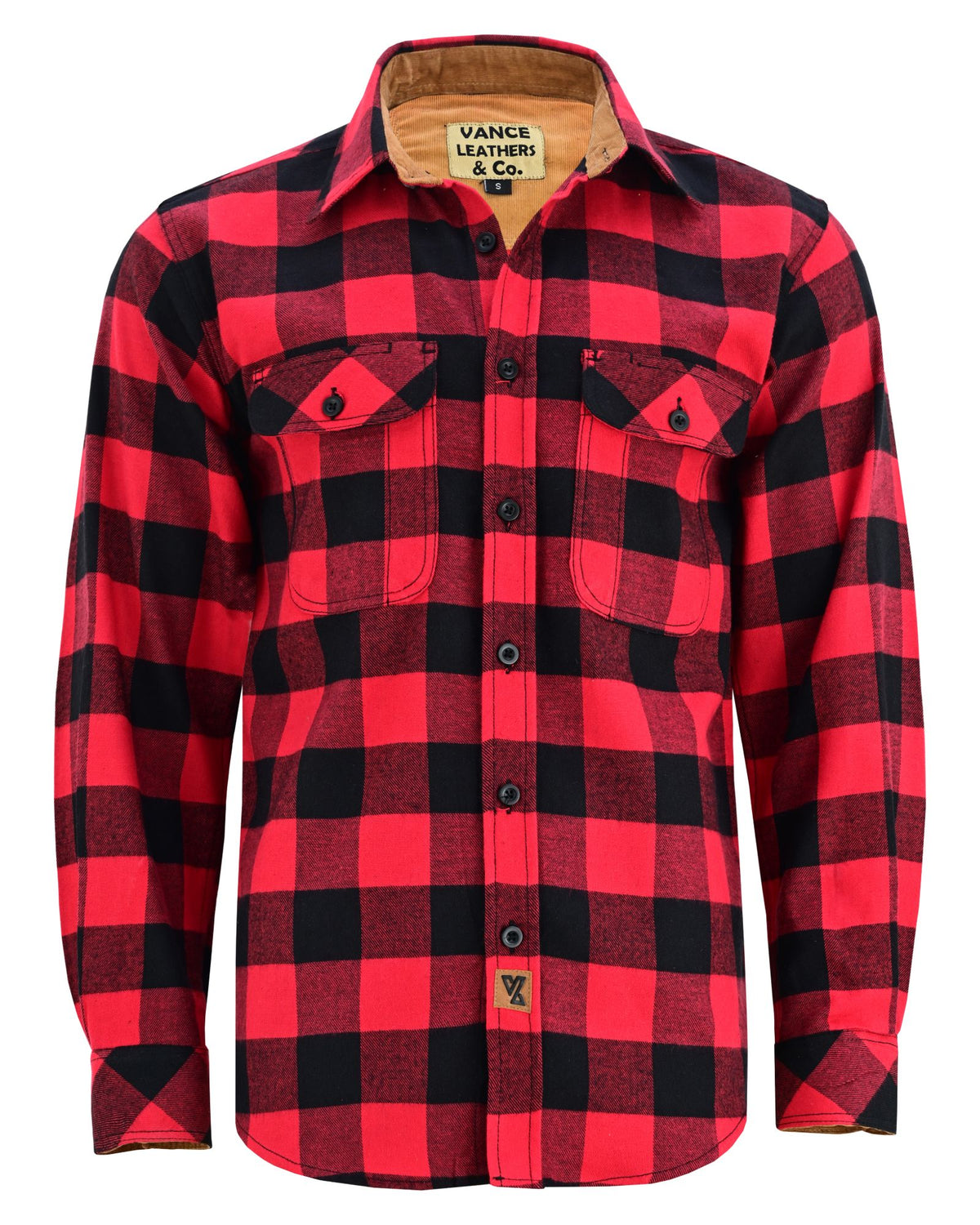 Vance Leather VB1710Br Men's Classic Red Long Sleeve Plaid Button Down Casual Flannel Shirt, 100% Cotton, Corduroy Cuffs