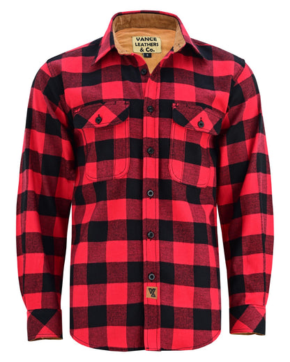 Vance Leather VB1710Br Men's Classic Red Long Sleeve Plaid Button Down Casual Flannel Shirt, 100% Cotton, Corduroy Cuffs