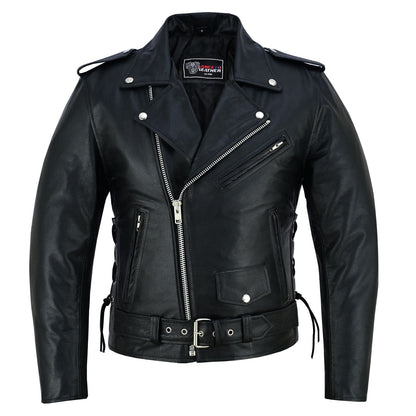 Men's Black Leather Motorcycle Jacket with CE Armor, Classic Biker Style w/ Side Lace & Belted Waist