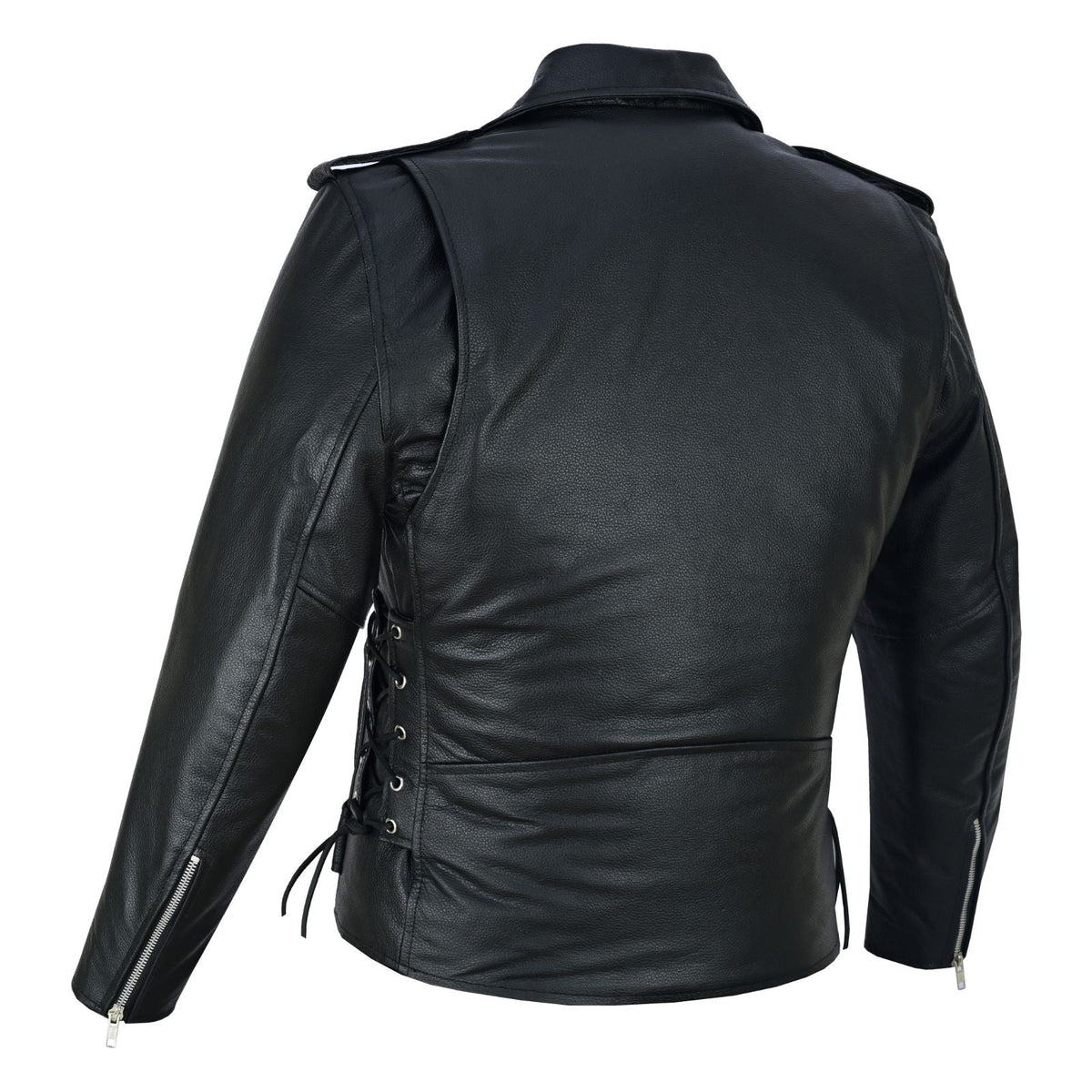 Men's Black Leather Motorcycle Jacket with CE Armor, Classic Biker Style w/ Side Lace & Belted Waist