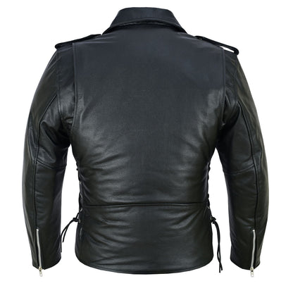 Men's Black Leather Motorcycle Jacket with CE Armor, Classic Biker Style w/ Side Lace & Belted Waist