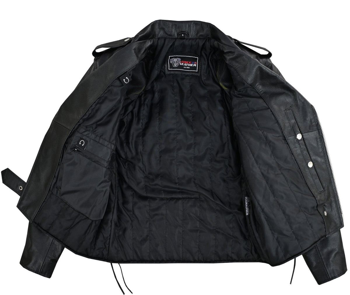 Men's Black Leather Motorcycle Jacket with CE Armor, Classic Biker Style w/ Side Lace & Belted Waist