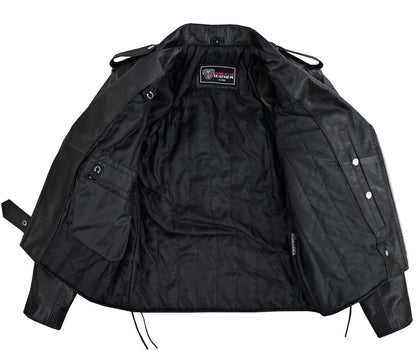 Men's Black Leather Motorcycle Jacket with CE Armor, Classic Biker Style w/ Side Lace & Belted Waist