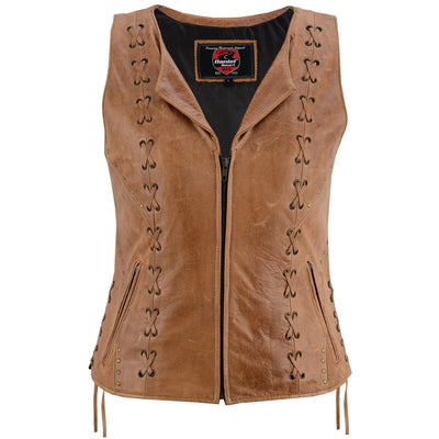 Women's Brown Zippered Vest with Lacing Details