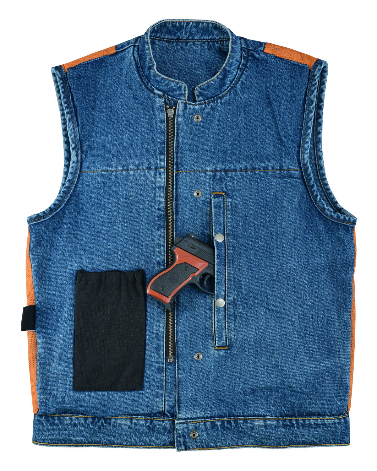 A Vance Leather Denim Club Vest with orange accents features a zipper front and visible buttons. With multiple pockets, including a black pocket, it also comes adorned with a toy gun on the front.