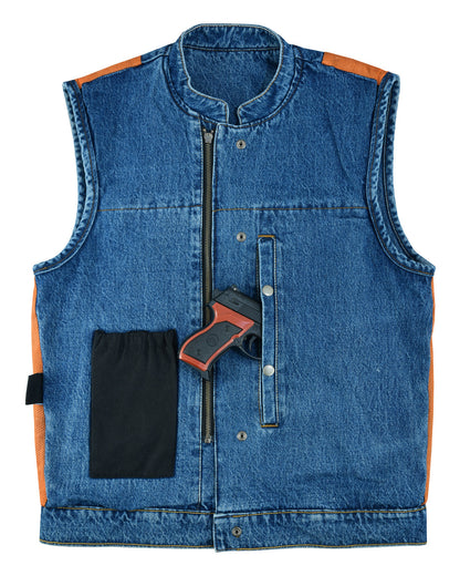 A Vance Leather Denim Club Vest with orange accents features a zipper front and visible buttons. With multiple pockets, including a black pocket, it also comes adorned with a toy gun on the front.