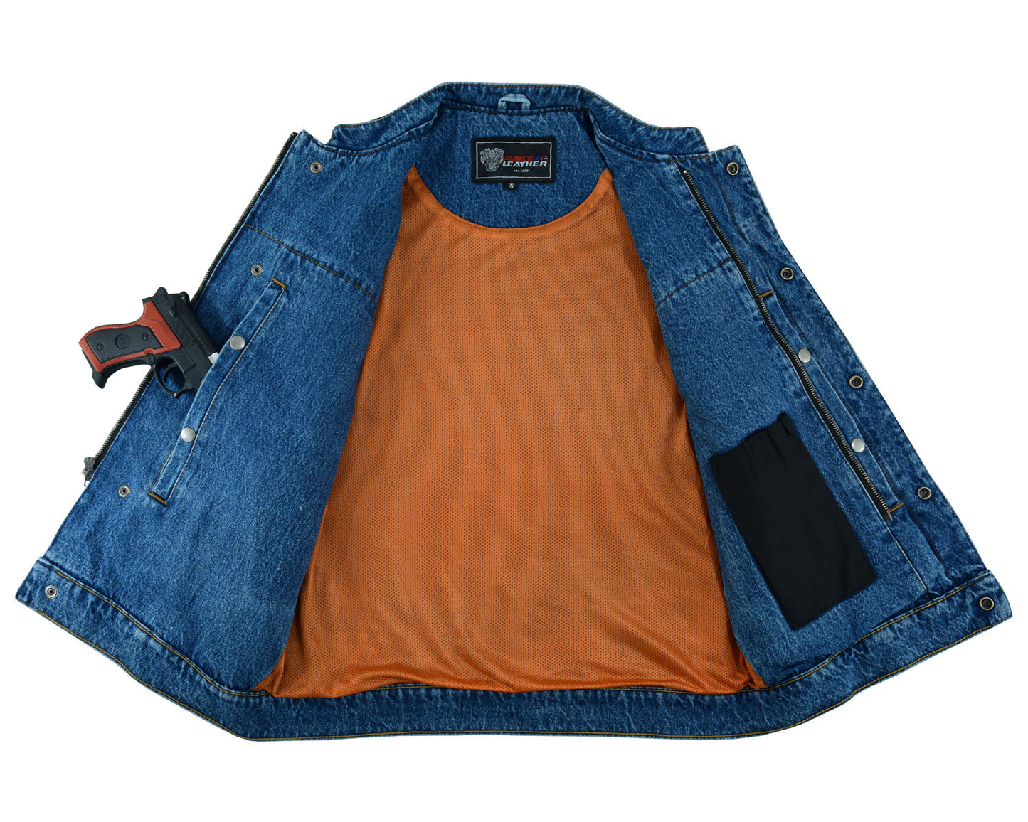 Open Vance Leather Denim Club Vest with an orange inner lining. The vest features a concealed holster housing a handgun on the left side and multiple pockets for added functionality.