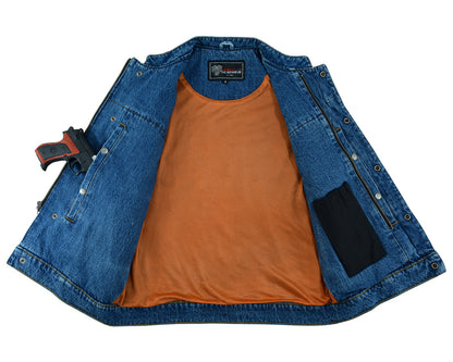 Open Vance Leather Denim Club Vest with an orange inner lining. The vest features a concealed holster housing a handgun on the left side and multiple pockets for added functionality.