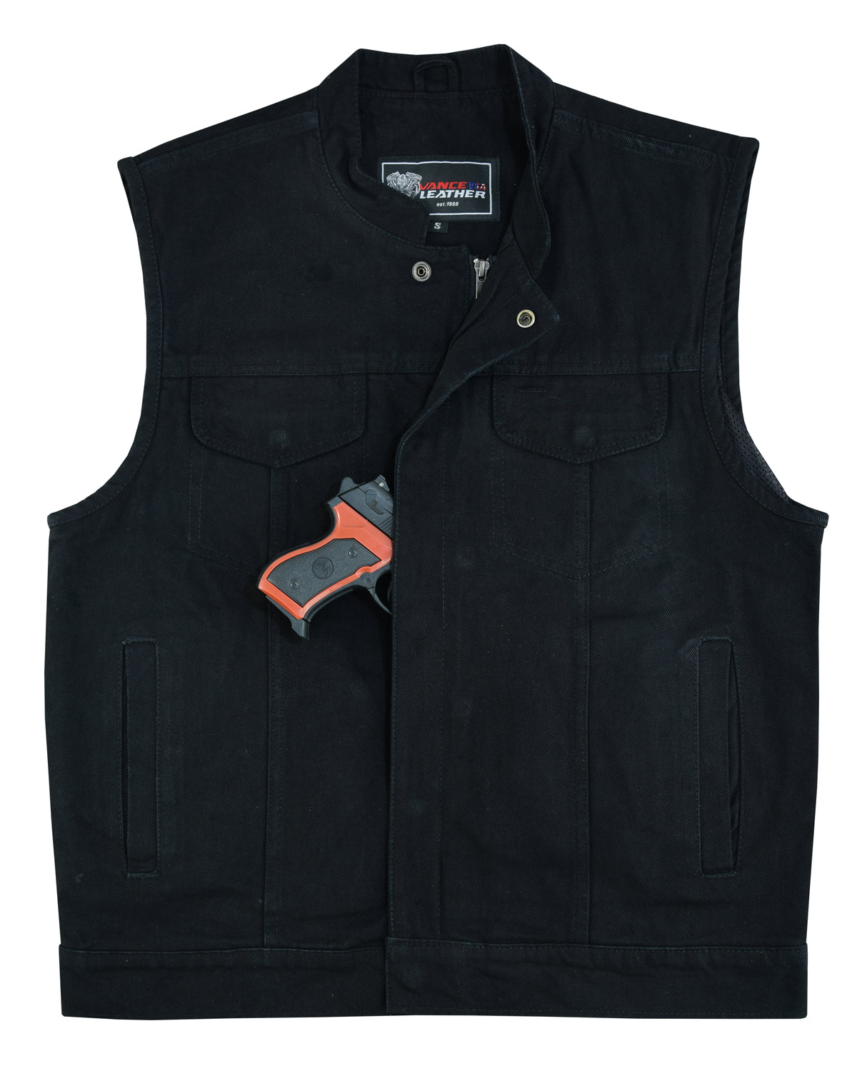 A black Vance Leather Denim Club Vest with zipper front and multiple pockets, displaying a partially visible handgun tucked into an inner pocket.
