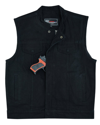 A black Vance Leather Denim Club Vest with zipper front and multiple pockets, displaying a partially visible handgun tucked into an inner pocket.