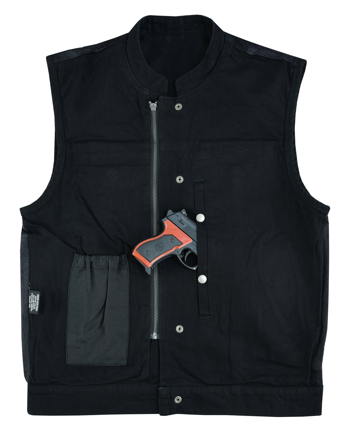 A Vance Leather Denim Club Vest with a zipper front, snap buttons, multiple pockets, and a concealed pocket holding a red-handled gun.