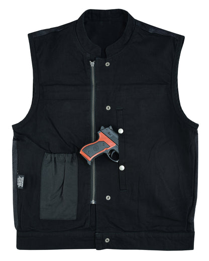 A Vance Leather Denim Club Vest with a zipper front, snap buttons, multiple pockets, and a concealed pocket holding a red-handled gun.