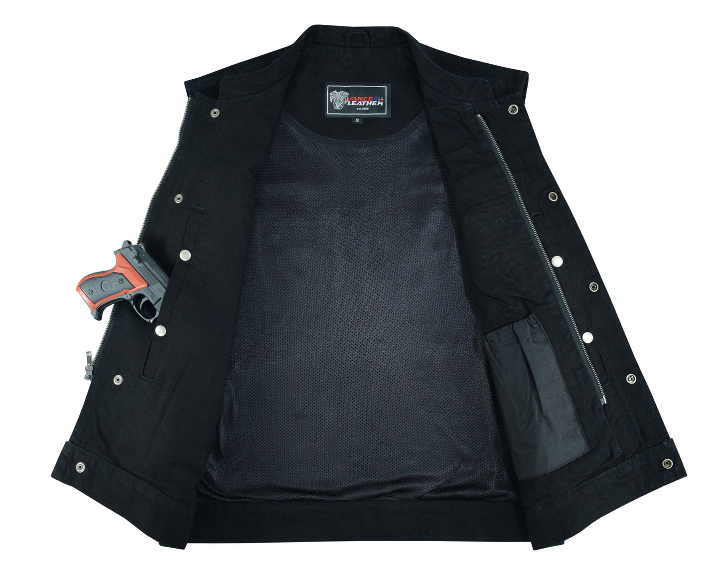A Vance Leather Denim Club Vest with buttons, featuring multiple pockets including an inner concealed one containing a handgun.