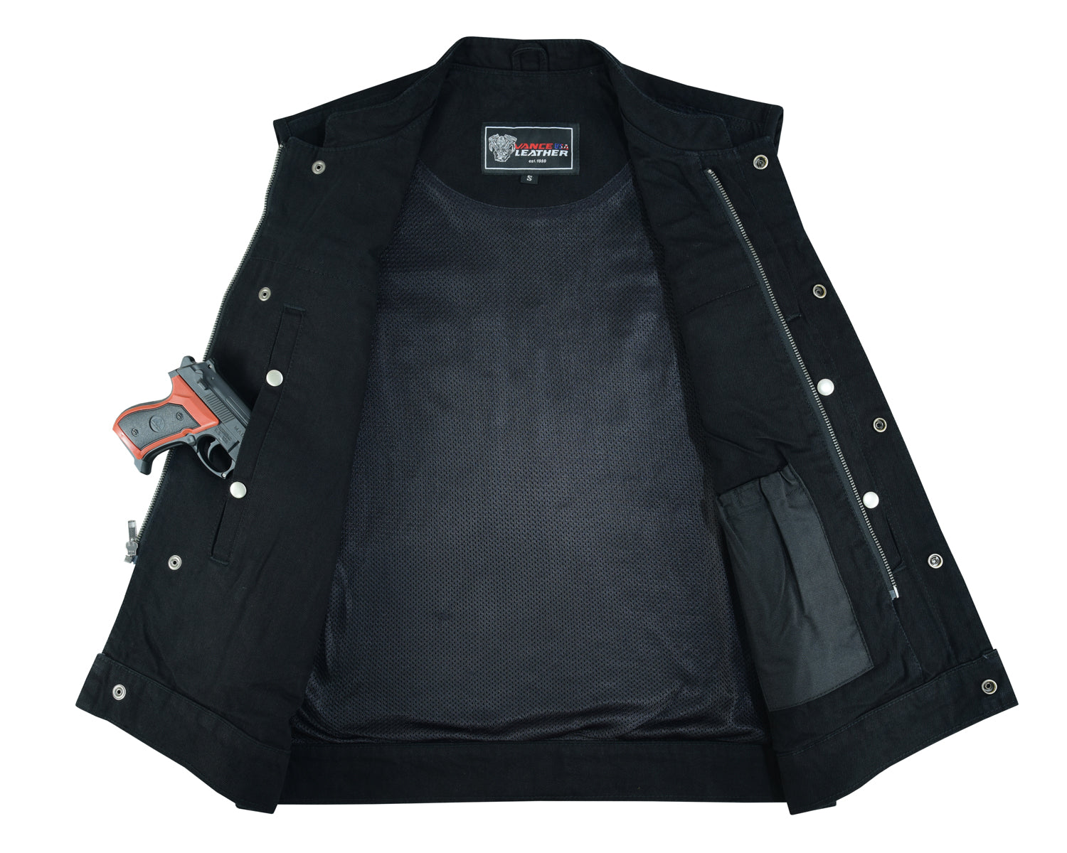 A Vance Leather Denim Club Vest with buttons, featuring multiple pockets including an inner concealed one containing a handgun.