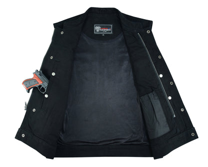 A Vance Leather Denim Club Vest with buttons, featuring multiple pockets including an inner concealed one containing a handgun.