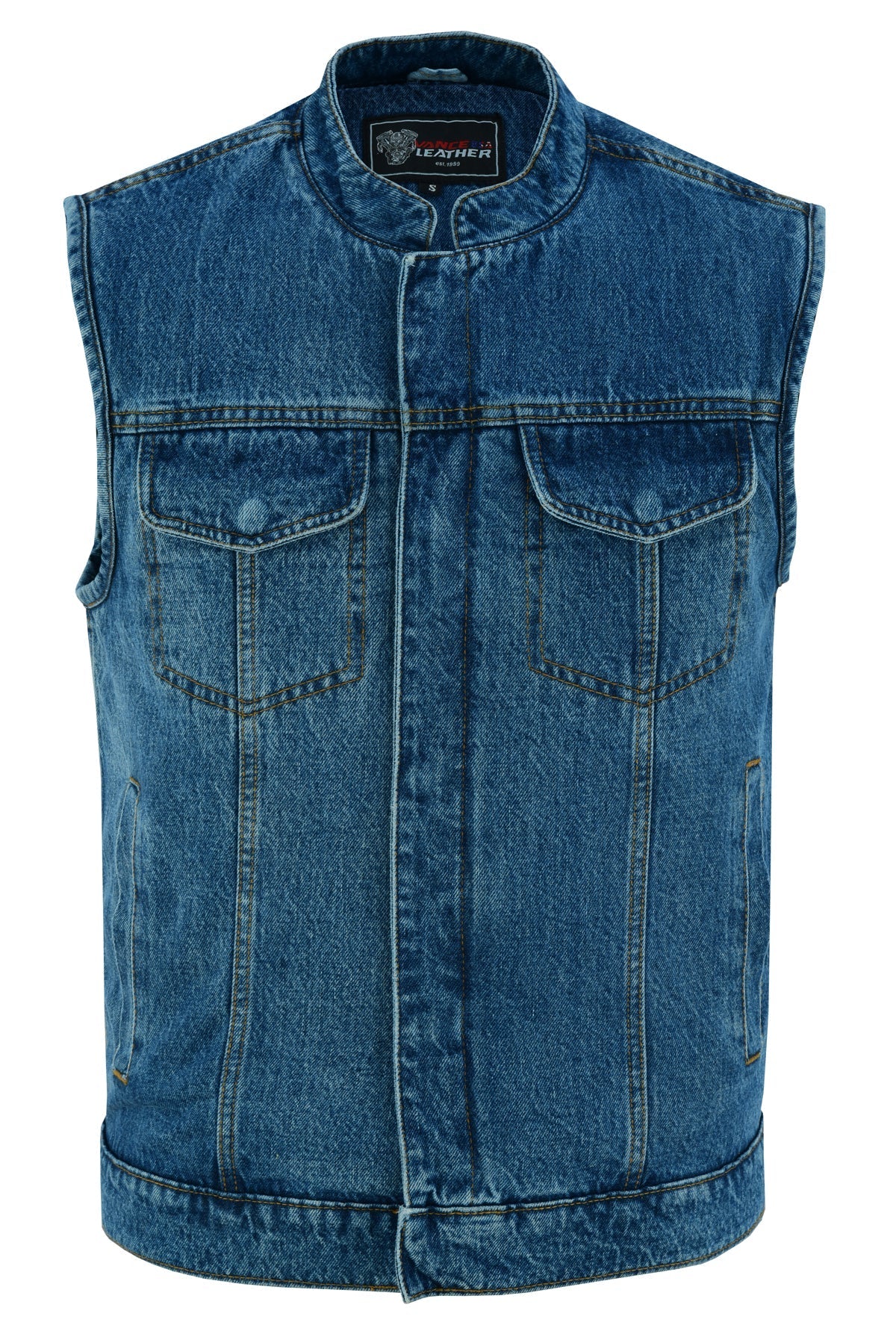 A front view of the Vance Leather Denim Club Vest with a collar, a zipper front, two chest pockets with flaps, and two lower side pockets.