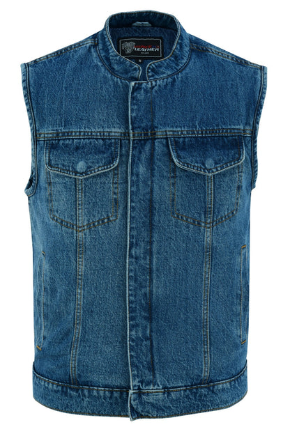A front view of the Vance Leather Denim Club Vest with a collar, a zipper front, two chest pockets with flaps, and two lower side pockets.