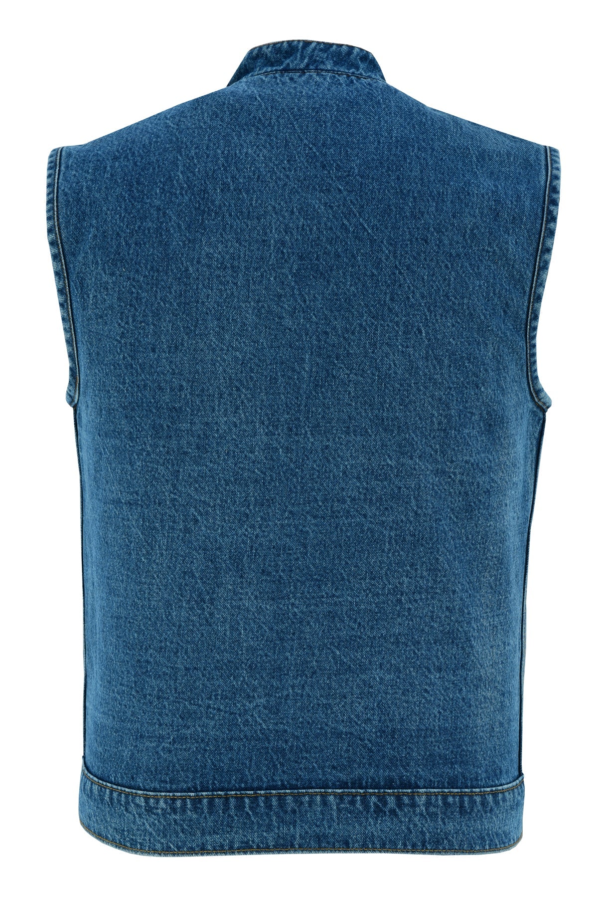 Back view of a sleeveless blue Vance Leather Denim Club Vest with a straight cut and visible stitching along the edges, featuring multiple pockets.
