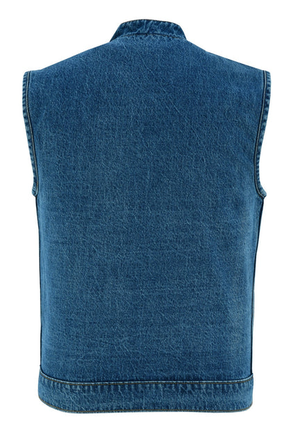 Back view of a sleeveless blue Vance Leather Denim Club Vest with a straight cut and visible stitching along the edges, featuring multiple pockets.