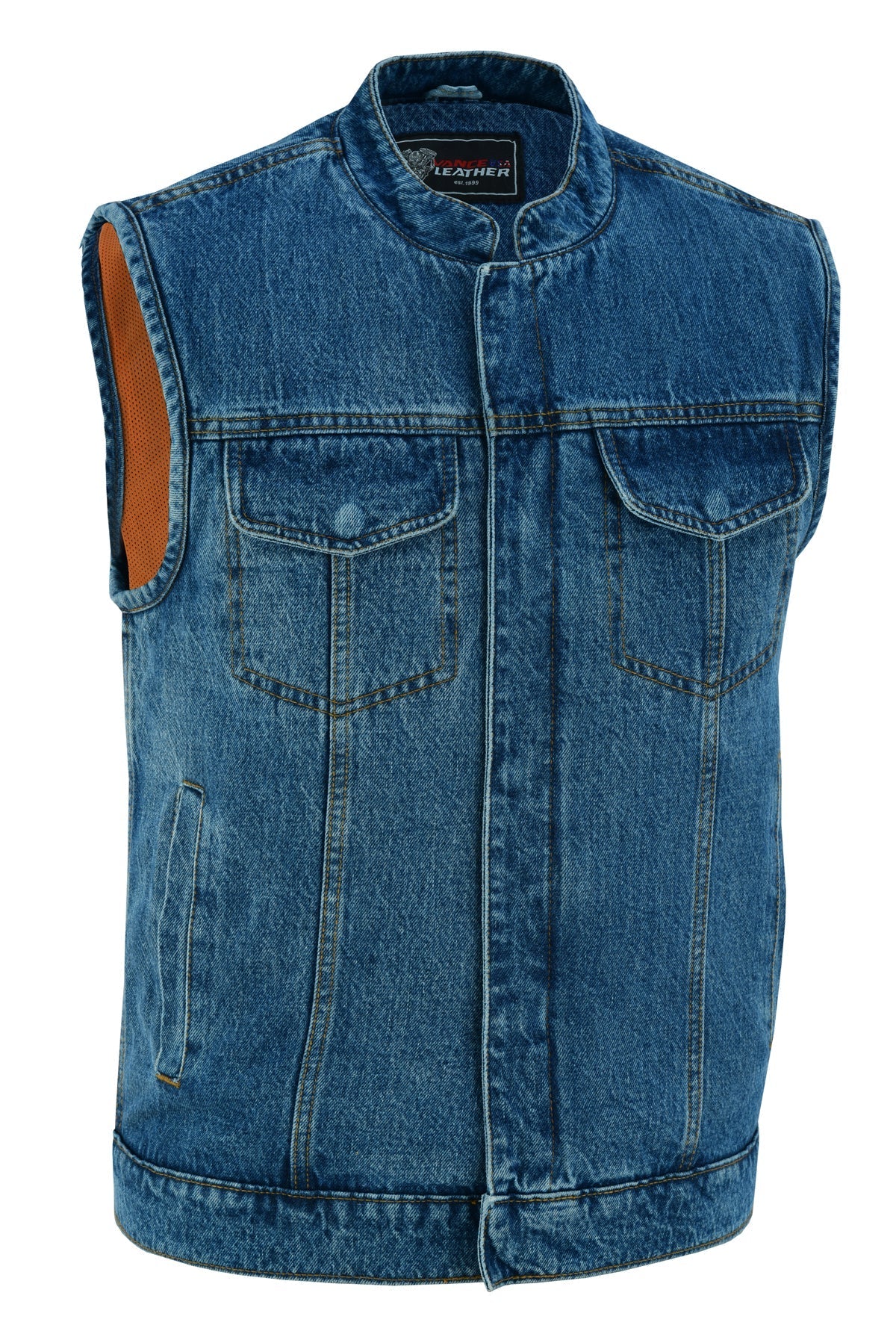 Image of a sleeveless Vance Leather Denim Club Vest with multiple pockets, including chest and side pockets, and a zipper front.