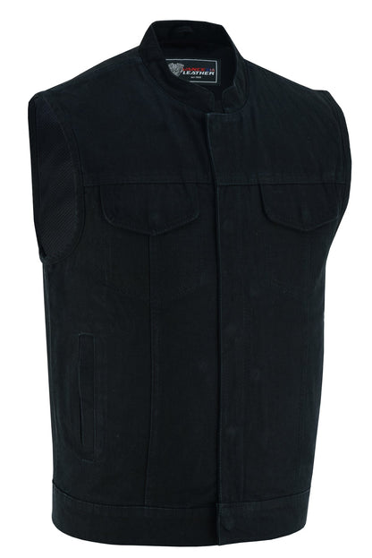 A Vance Leather Denim Club Vest featuring multiple pockets, a zipper front, and a high collar.