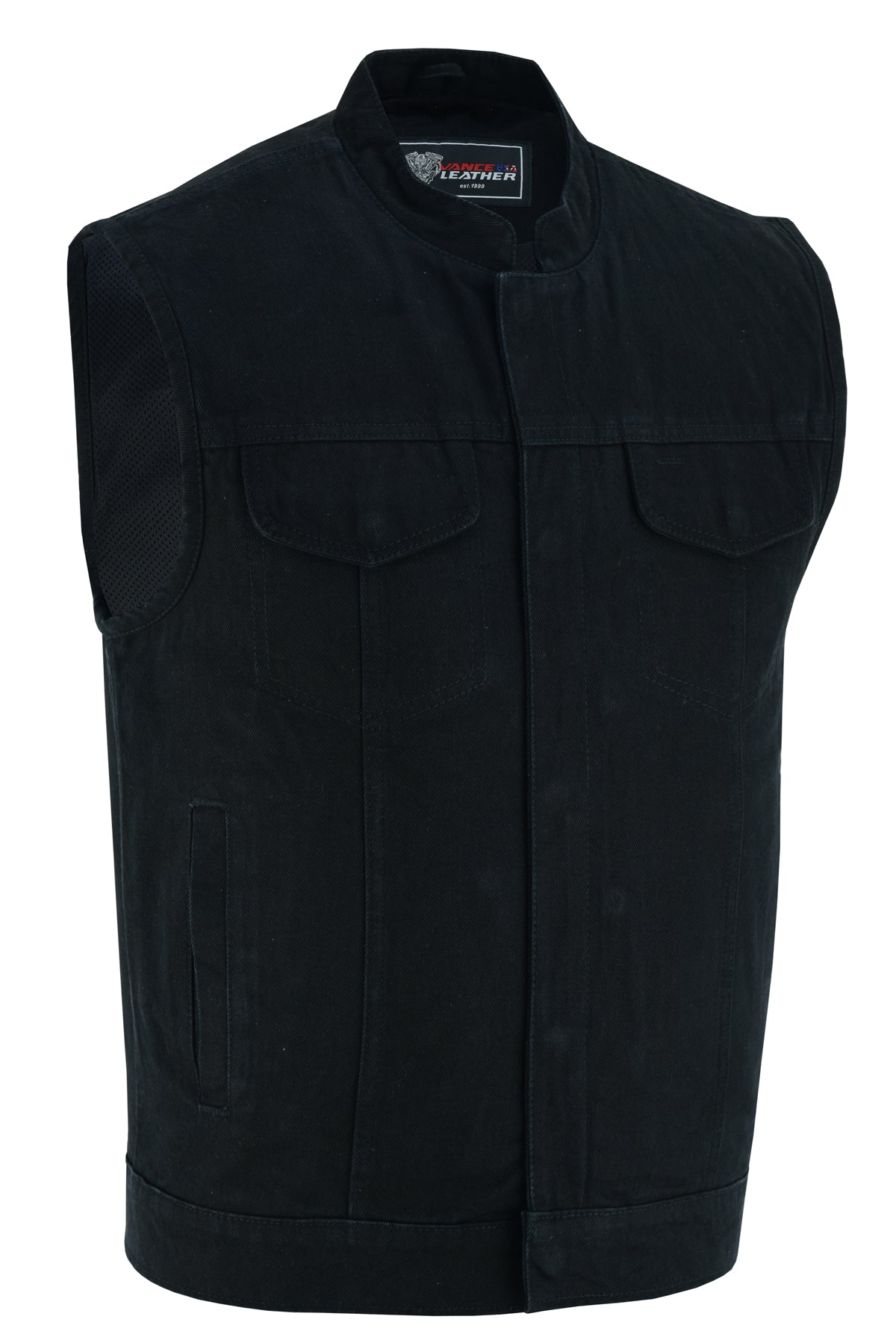 A black, sleeveless Vance Leather Denim Club Vest with a zipper front, multiple pockets, and a high collar.