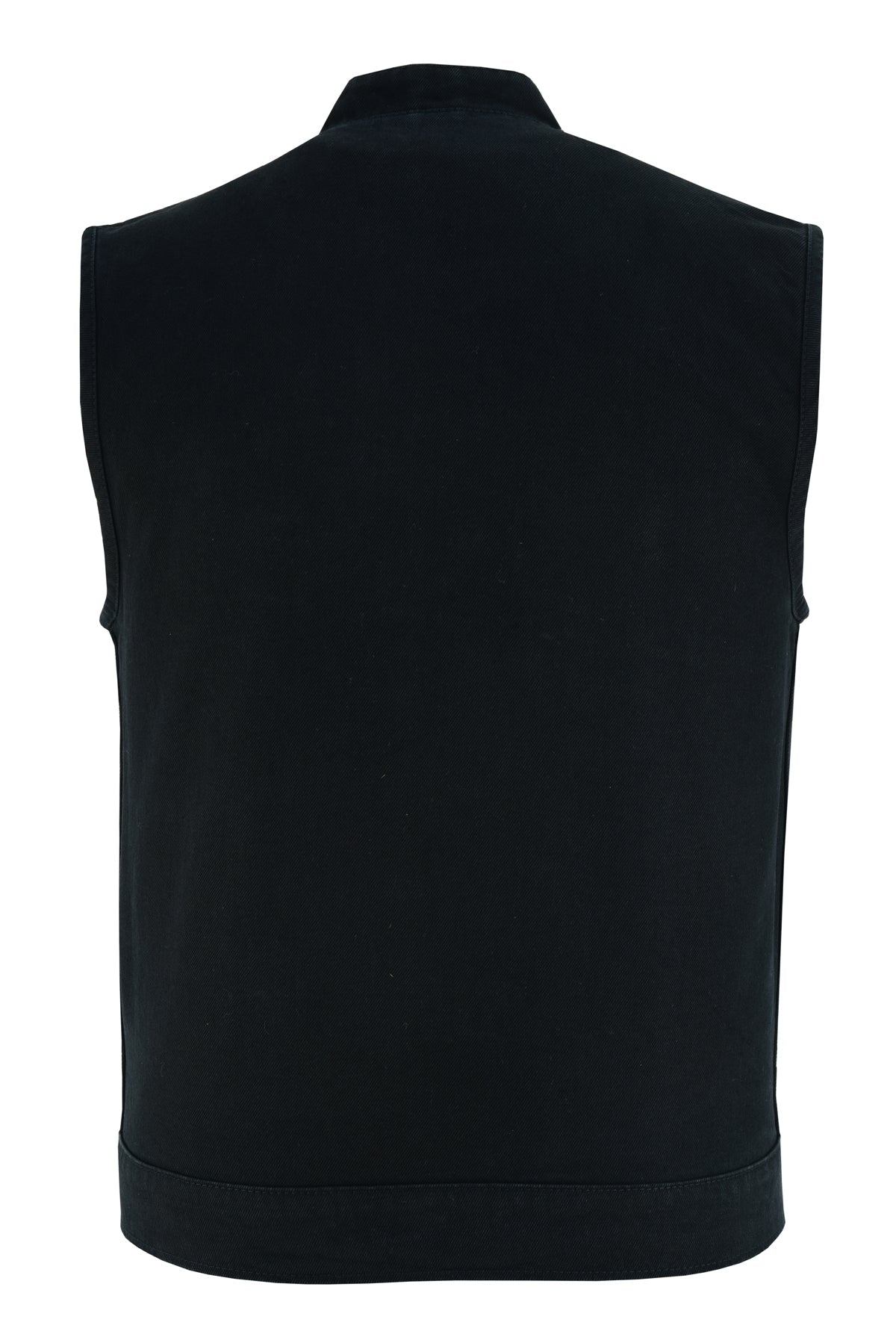A black, sleeveless Vance Leather Denim Club Vest with a high collar and zipper front is displayed against a white background, shown from the back.
