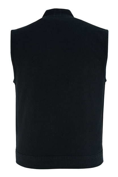 A black, sleeveless Vance Leather Denim Club Vest with a high collar and zipper front is displayed against a white background, shown from the back.