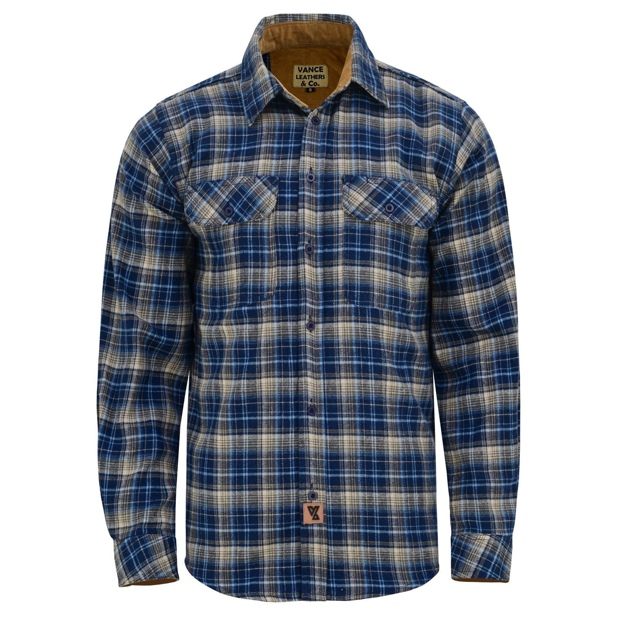Men's Keen Midnight Long Sleeve Plaid Button Down Casual Flannel Shirt, 100% Cotton, Corduroy Collar & Cuffs