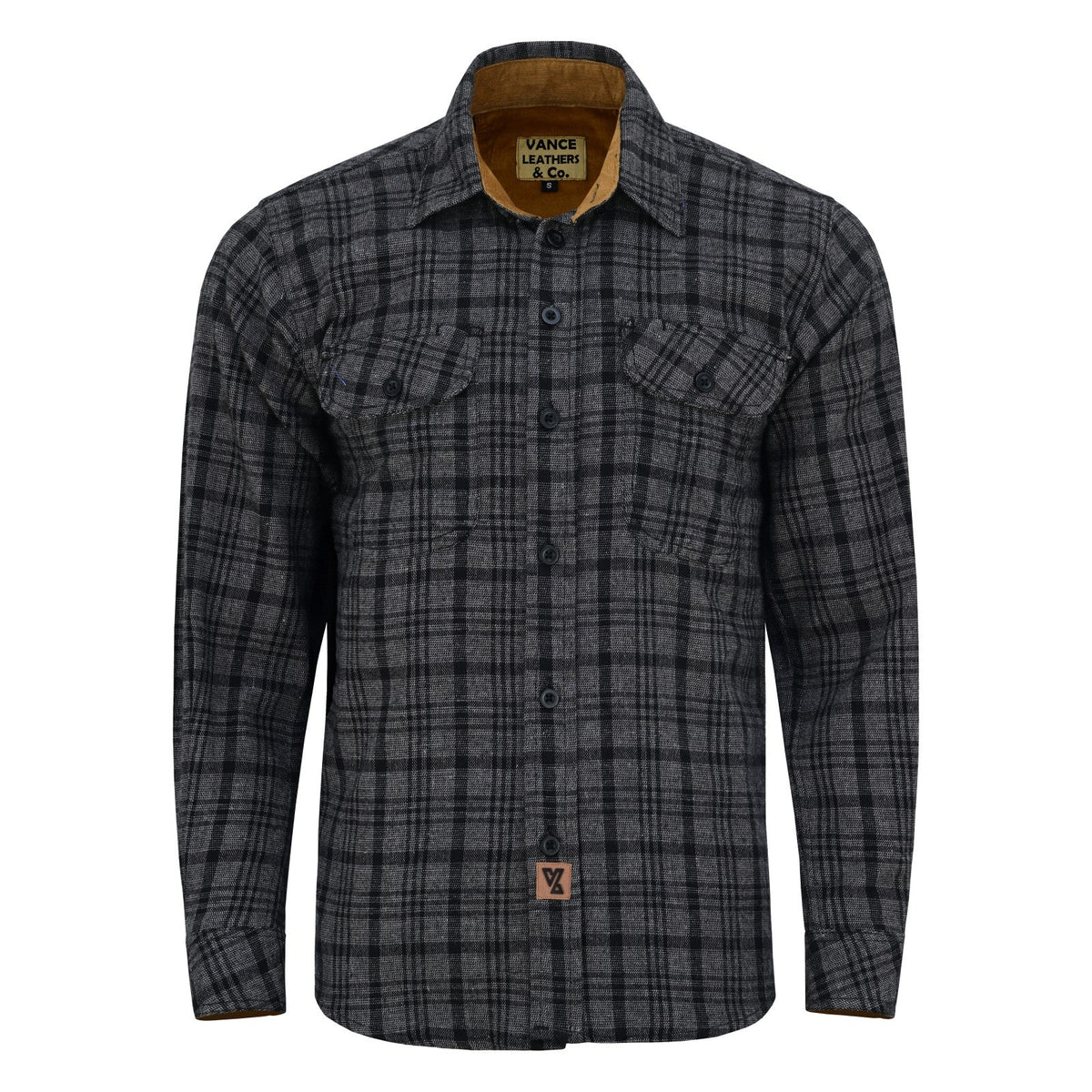 Men's Dark Truffle Long Sleeve Plaid Button Down Casual Flannel Shirt, 100% Cotton, Corduroy Collar & Cuffs