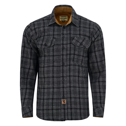 Men's Dark Truffle Long Sleeve Plaid Button Down Casual Flannel Shirt, 100% Cotton, Corduroy Collar & Cuffs