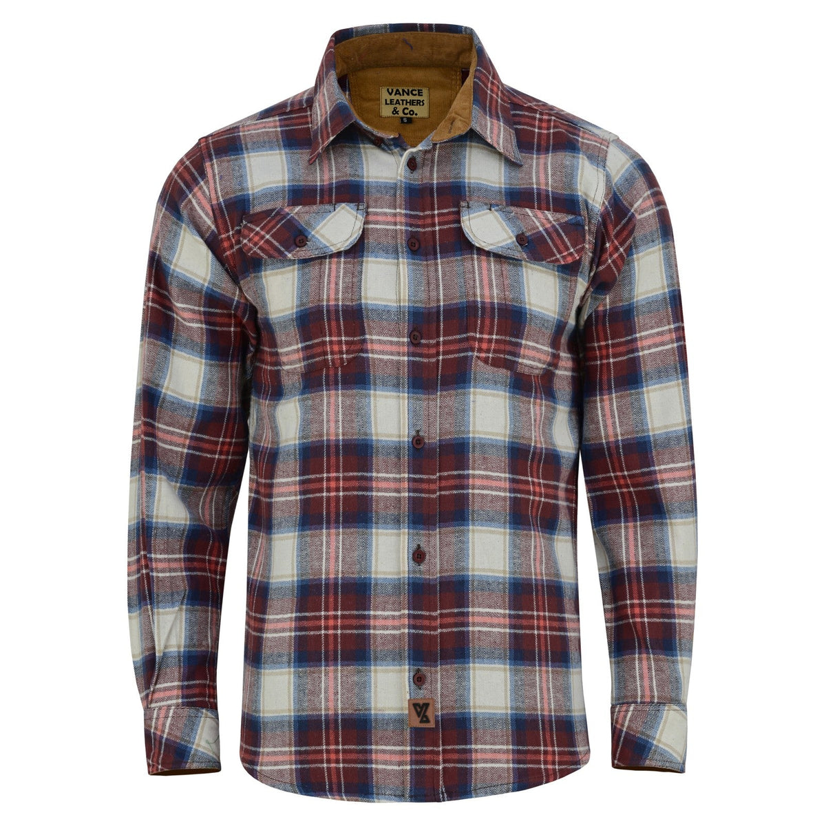 Men's Merlot Long Sleeve Plaid Button Down Casual Flannel Shirt, 100% Cotton, Corduroy Collar & Cuffs