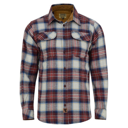 Men's Merlot Long Sleeve Plaid Button Down Casual Flannel Shirt, 100% Cotton, Corduroy Collar & Cuffs