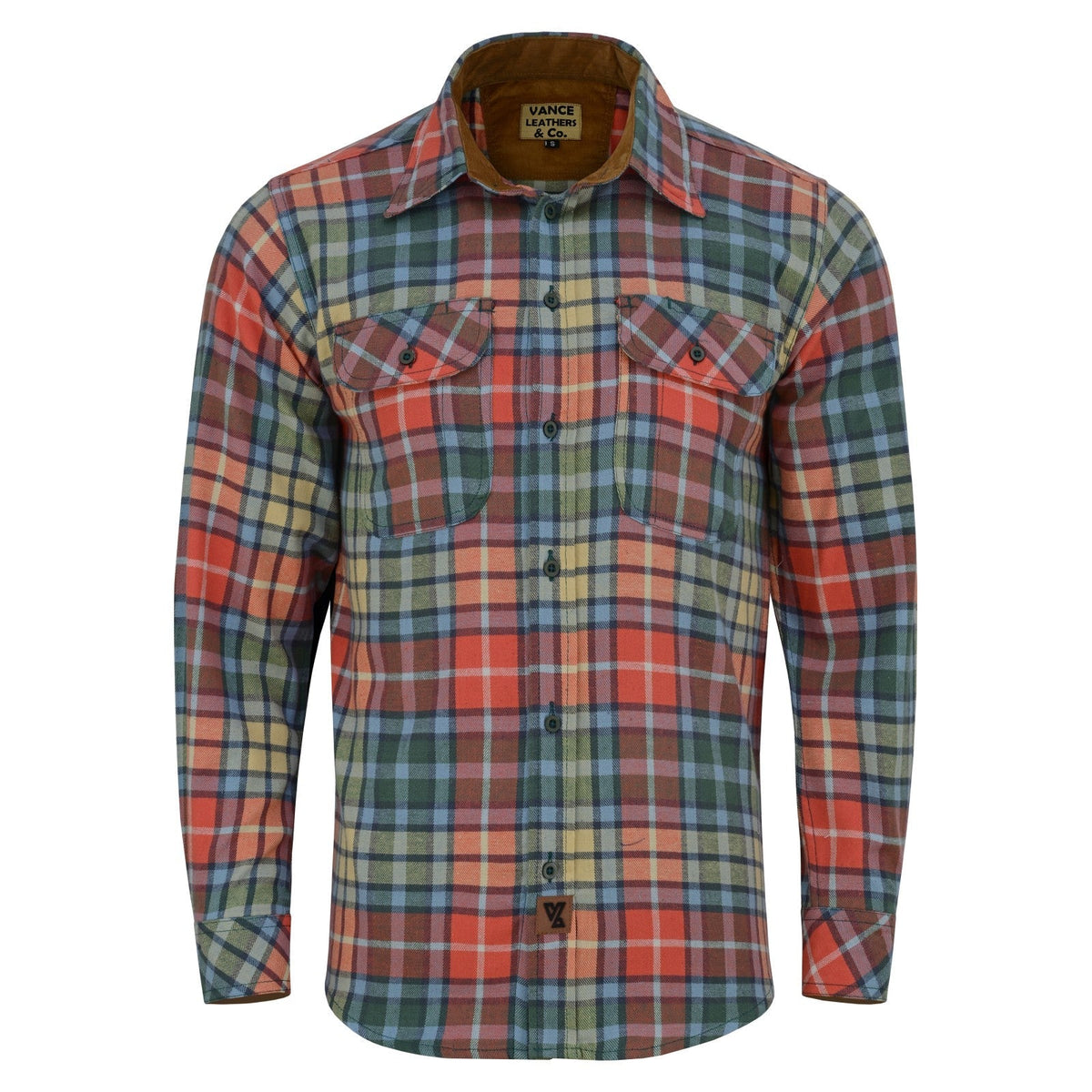 Men's Amber Color Plaid Long Sleeve Plaid Button Down Casual Flannel Shirt, 100% Cotton, Corduroy Collar & Cuffs
