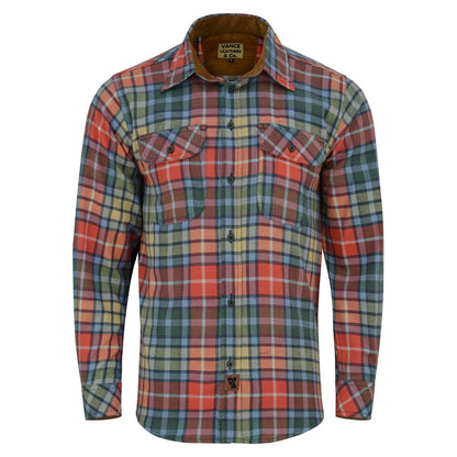 Men's Amber Color Plaid Long Sleeve Plaid Button Down Casual Flannel Shirt, 100% Cotton, Corduroy Collar & Cuffs