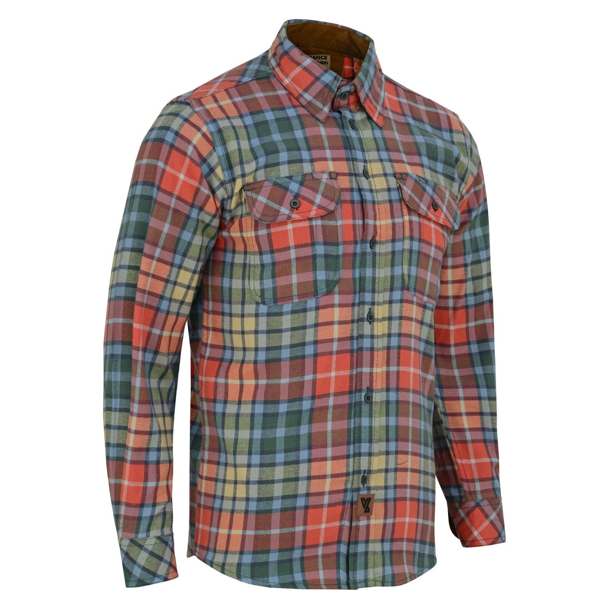Men's Amber Color Plaid Long Sleeve Plaid Button Down Casual Flannel Shirt, 100% Cotton, Corduroy Collar & Cuffs