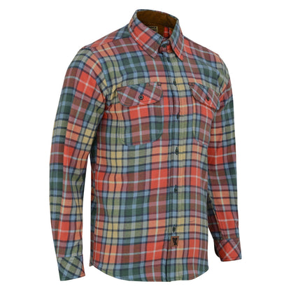 Men's Amber Color Plaid Long Sleeve Plaid Button Down Casual Flannel Shirt, 100% Cotton, Corduroy Collar & Cuffs