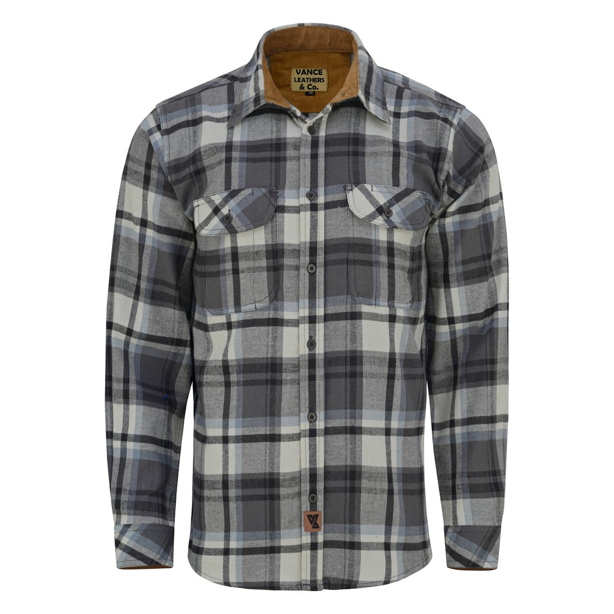 Men's Charcoal Checkered Long Sleeve Plaid Button Down Casual Flannel Shirt, 100% Cotton, Corduroy Collar & Cuffs