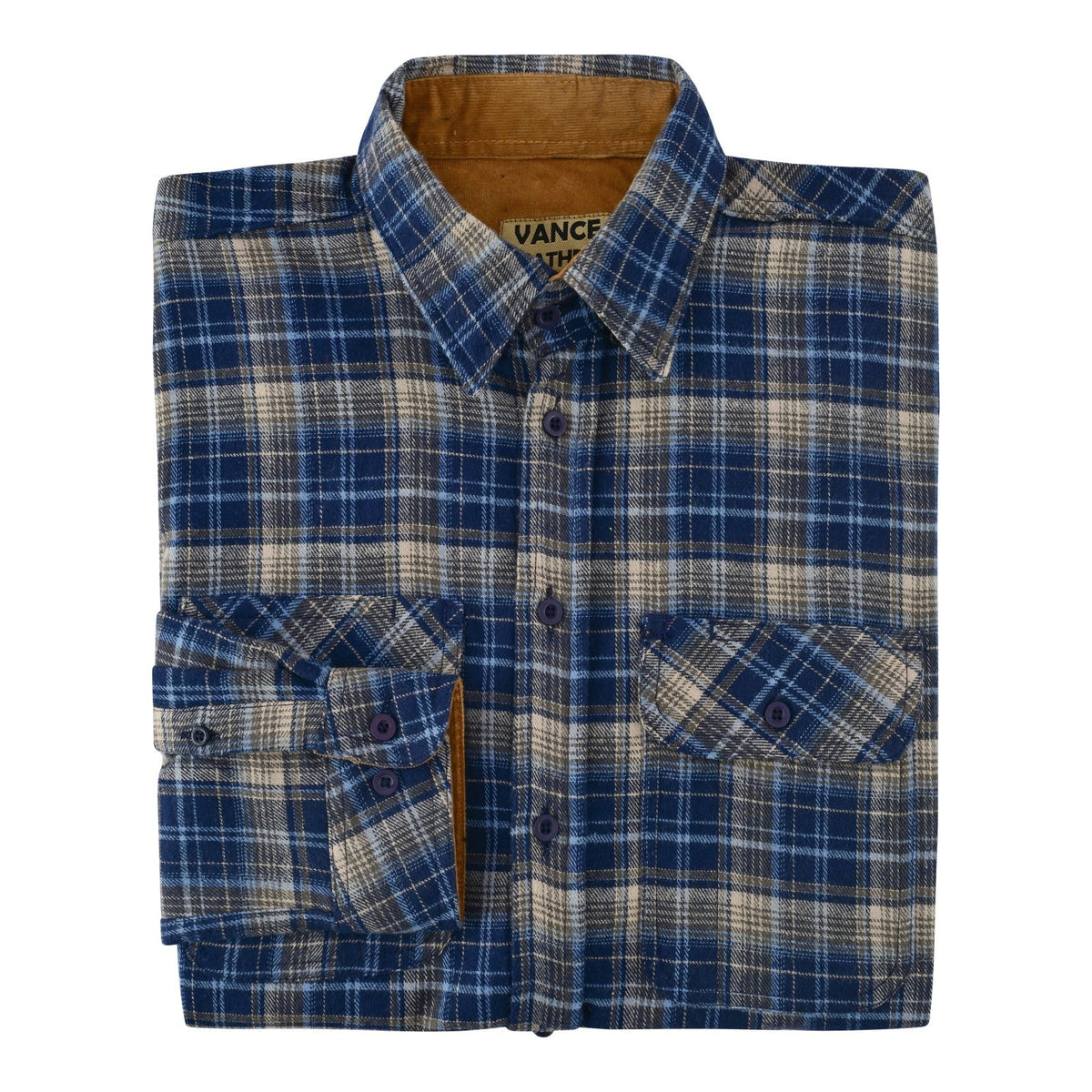 Men's Keen Midnight Long Sleeve Plaid Button Down Casual Flannel Shirt, 100% Cotton, Corduroy Collar & Cuffs