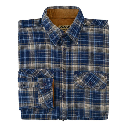 Men's Keen Midnight Long Sleeve Plaid Button Down Casual Flannel Shirt, 100% Cotton, Corduroy Collar & Cuffs